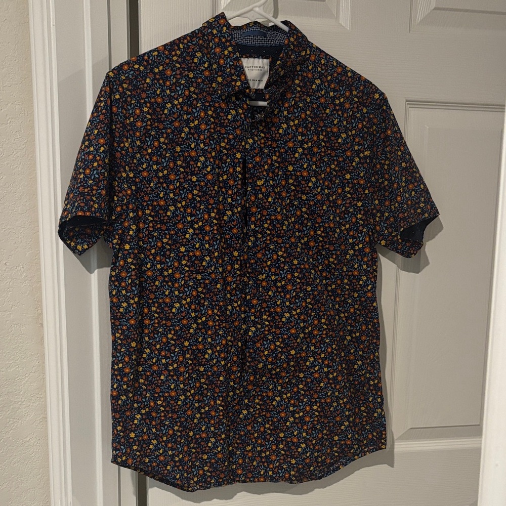 Men's Short Sleeve Floral Shirt - Navy and Orange